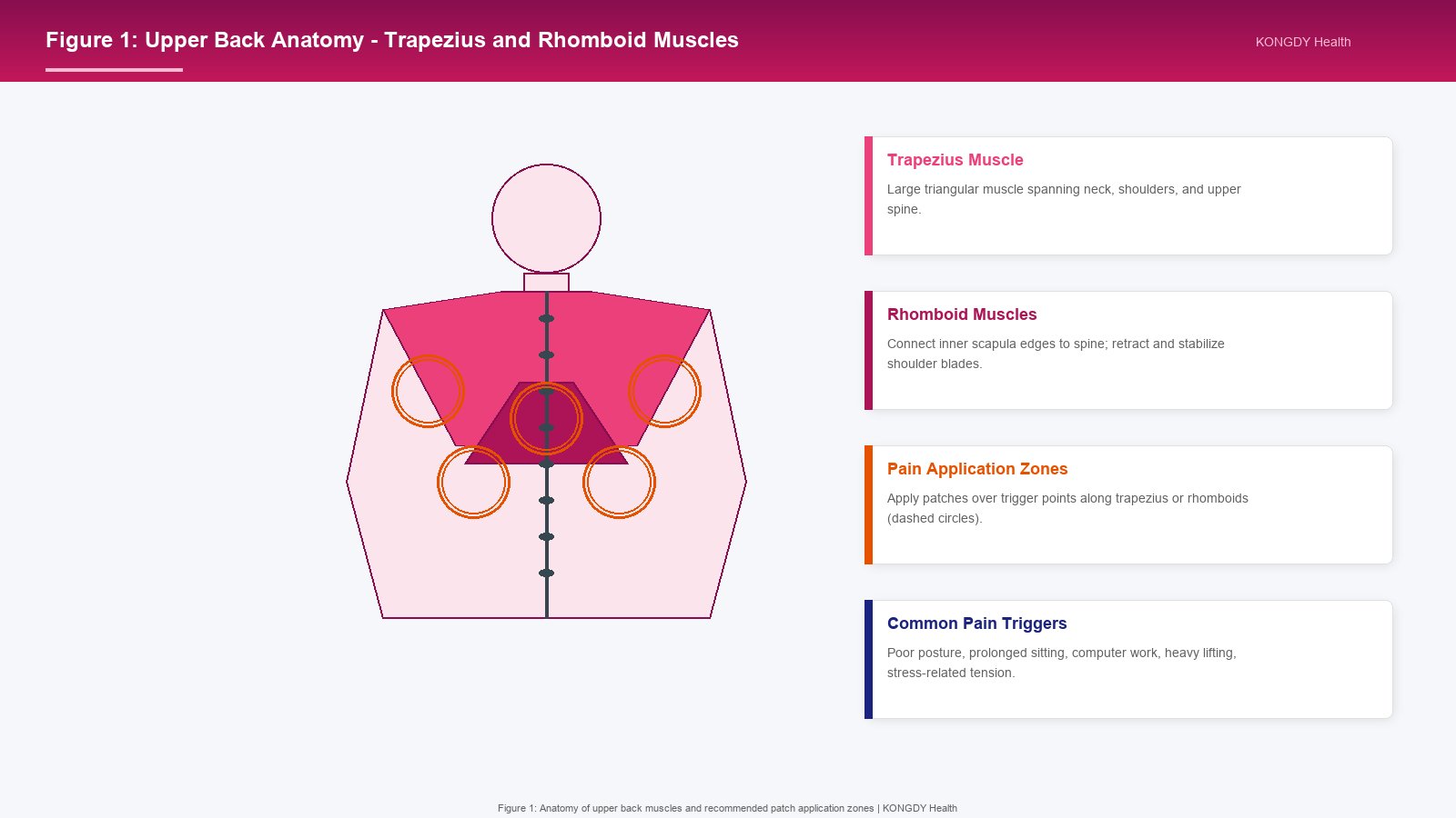 Figure 1: Anatomy diagram showing trapezius and rhomboid muscles in the upper back, with recommended patch application zones marked